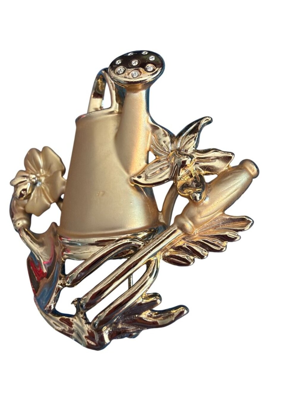 Vintage AJC Gold Tone Watering Can Flowers Brooch Pin Gardening 2.25" Estate - Picture 3 of 7